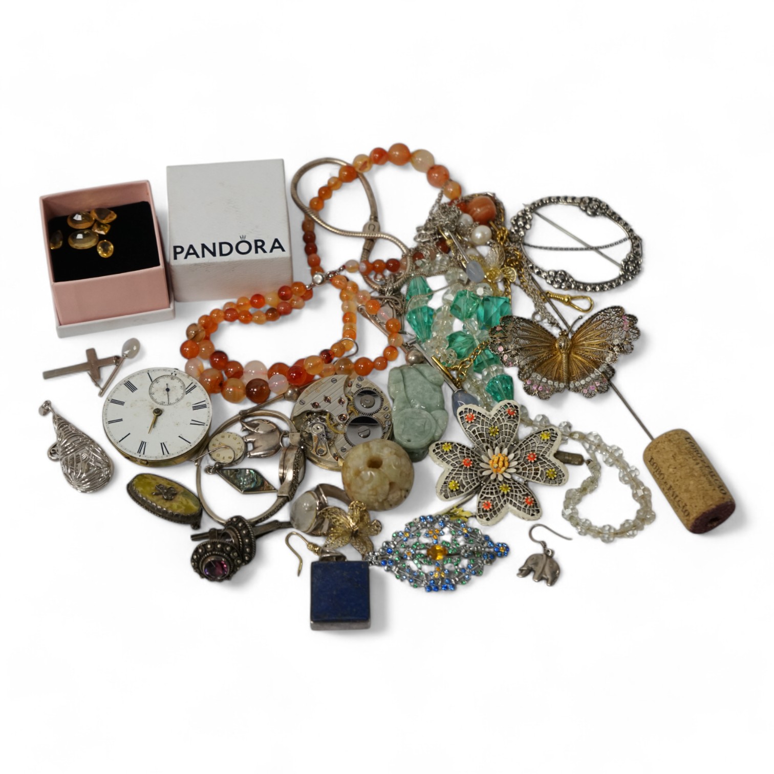 A small quantity of assorted jewellery and other items including a filigree butterfly brooch, a 925 and labradorite ring, an agate bead necklace, pocket watch movements, etc. Condition - poor to fair